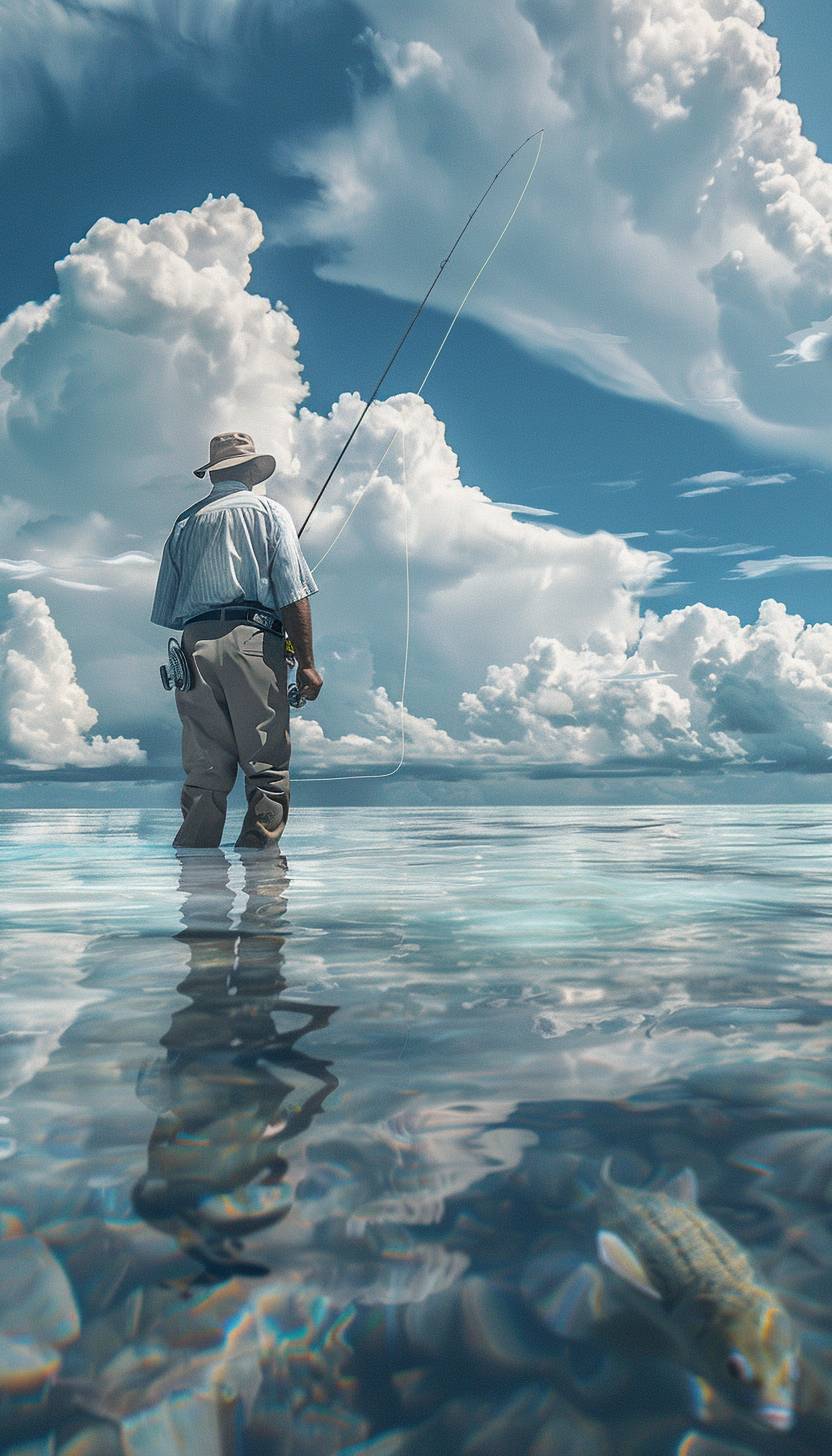 Salt water fly fishing for bonefish in the Bahamas, realistic with clouds in the background that are not too dark.