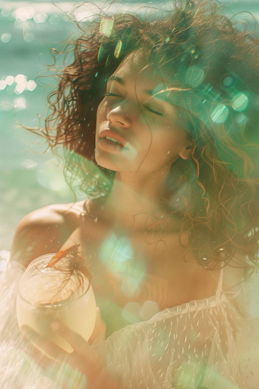 Dreamy core abstract, beautiful woman at a beach resort in summer, with a gentle sea breeze. She enjoys a blissful summer vacation, holding a refreshing coconut drink. The background showcases a serene beach with soft waves and golden sand. The scene is enchanting and dreamy.