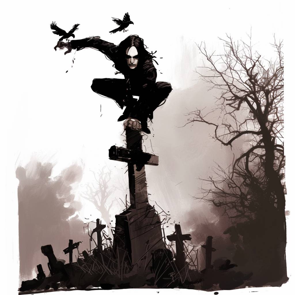 Brandon Lee is depicted as the comic book character The Crow, created by James O'Barr, on top of an old wooden cross in the middle of a foggy graveyard. The drawing is done in the style of Steve Dillon, featuring sharp inked lines, simple yet expressive forms, a white background, monochromatic palette, and monochrome colors.