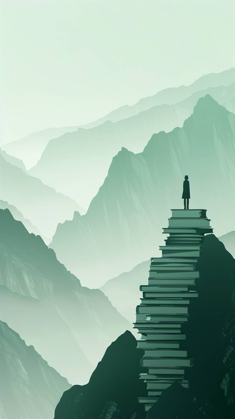 Minimalism, artistic conception, ink painting, a scholar, silhouette, standing on a mountain of stacked books, two mountains, Zhang Daqian style, modern art graphic illustration, perspective aesthetics, light green, soft gradient colors, ancient Chinese minimalist painting, figure, transparent background, depth of field, high definition, high resolution, ultra-high detail