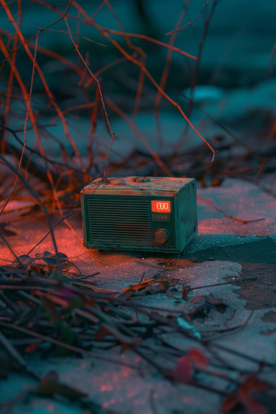 A small vintage radio in the middle of a lowland. Found footage. Realistic. Video game aesthetic. Mint and tiffany tones. Dark dawn night sky with green, blue and soft orange reflections. Soft hues of green, purple and red in the background, pastel palette with warm tones. Low details and texture. 2000s nostalgia. minimalistic. Ghibli aesthetic. Clear weather. Natural light. Simple. Surrealistic, lo-fi aesthetic and dreamy vaporwave atmosphere.