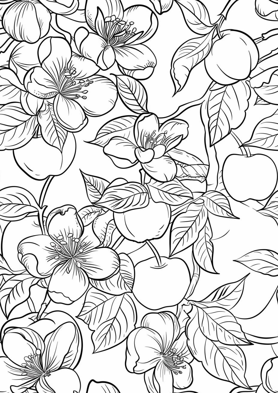 Coloring book page, white apple flowers and beautiful green apples