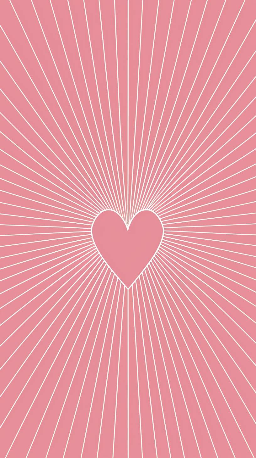 An e-card composition with 90% negative space, minimalism, a pink background, a white line love frame that fills the entire screen, radiating lines outside the frame, and simple elements.