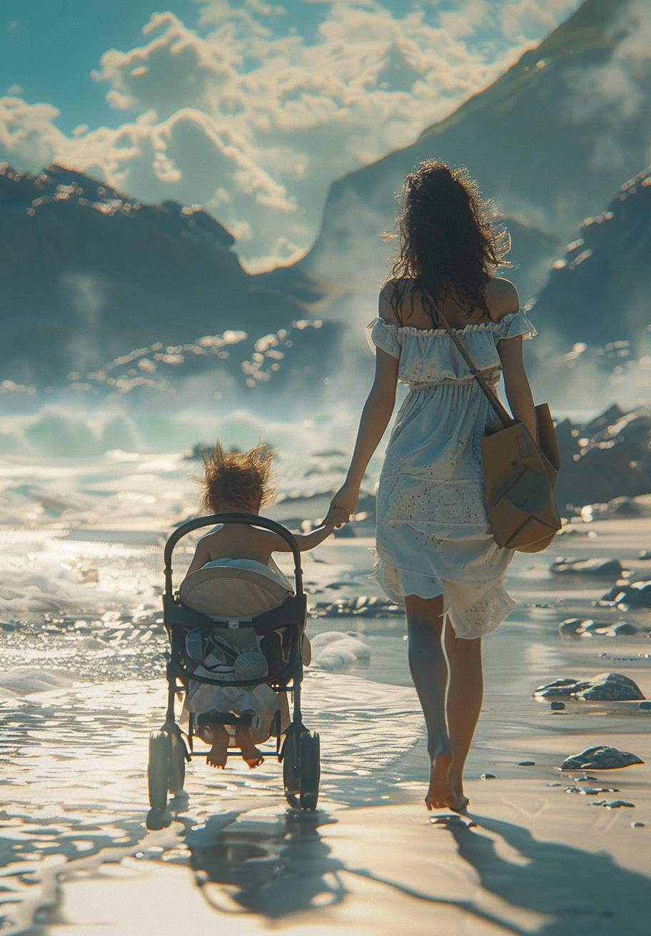 ビーチを歩く母親と1歳の子供を乗せた3Dキャラクターのフロントビュー。電動ベビーカー。半袖を着用。白い砂浜、明るい水、C4D、ZBRUSH、Octaneレンダラー