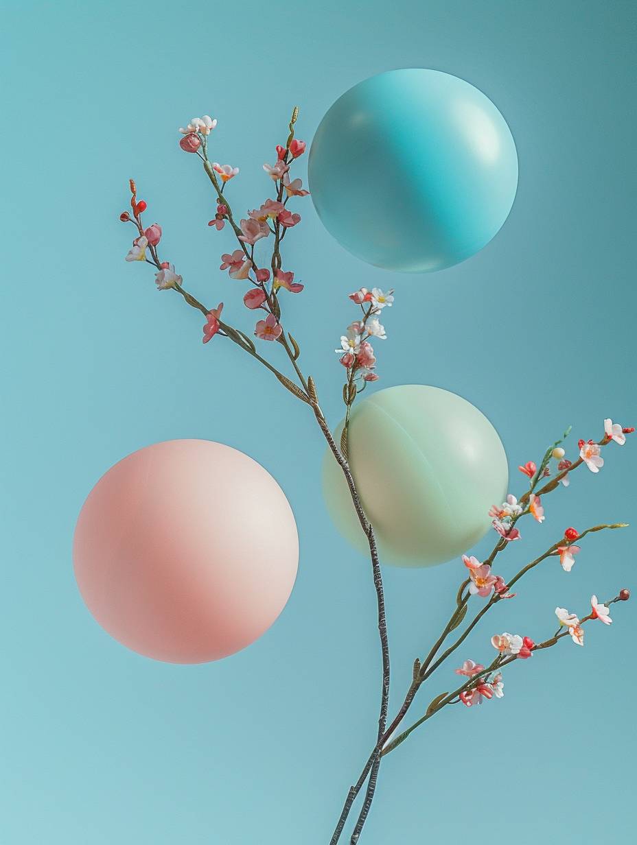 This is a real photograph, with three beige, pink, and green-blue silicone balls floating in the air. The background is a clear light blue sky. There are only a few flowers on a thin, elegant small branch. The visual focus is on these three balls, conveying the harmony between people and the environment. It is in a minimalist style with a surreal feel.