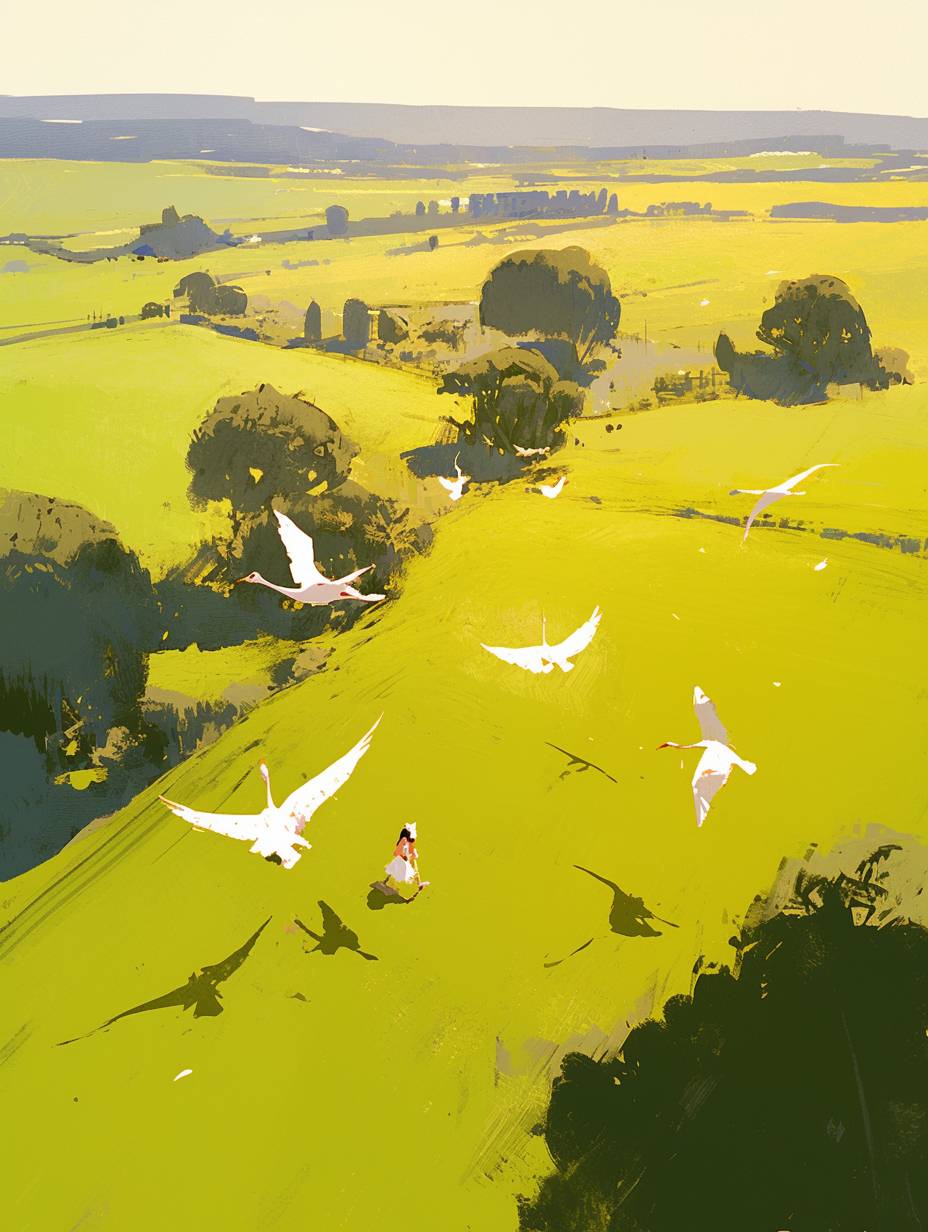 A bird's-eye view of some white swans flying over a green field occupies a small part of the picture