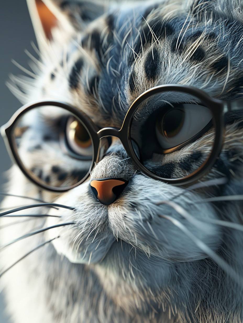 Close-up of a loving face emotion of a Fat Spotted Teenage Cat wearing glasses, 3D cartoon character detailed fur, in the style of Pixar and Disney, super detailed, 16k