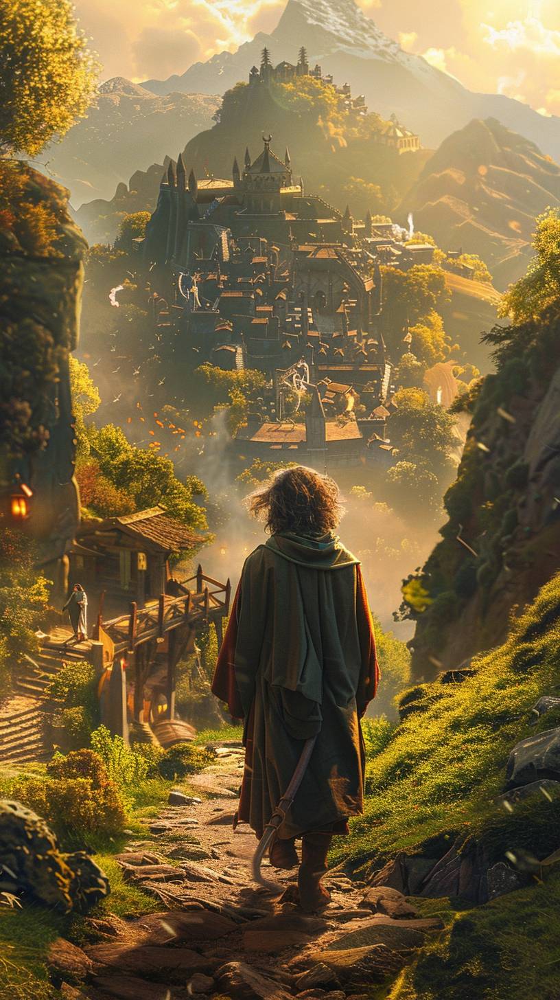 Frodo from the Lord of the Rings movies, in an action cinematic scene, in the style of Studio Ghibli directed by Hayao Miyazaki