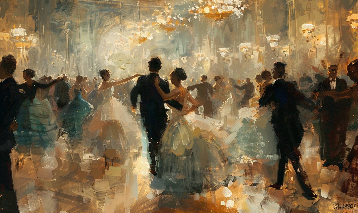 In the style of E.H. Shepard, an elegant ballroom filled with masked dancers
