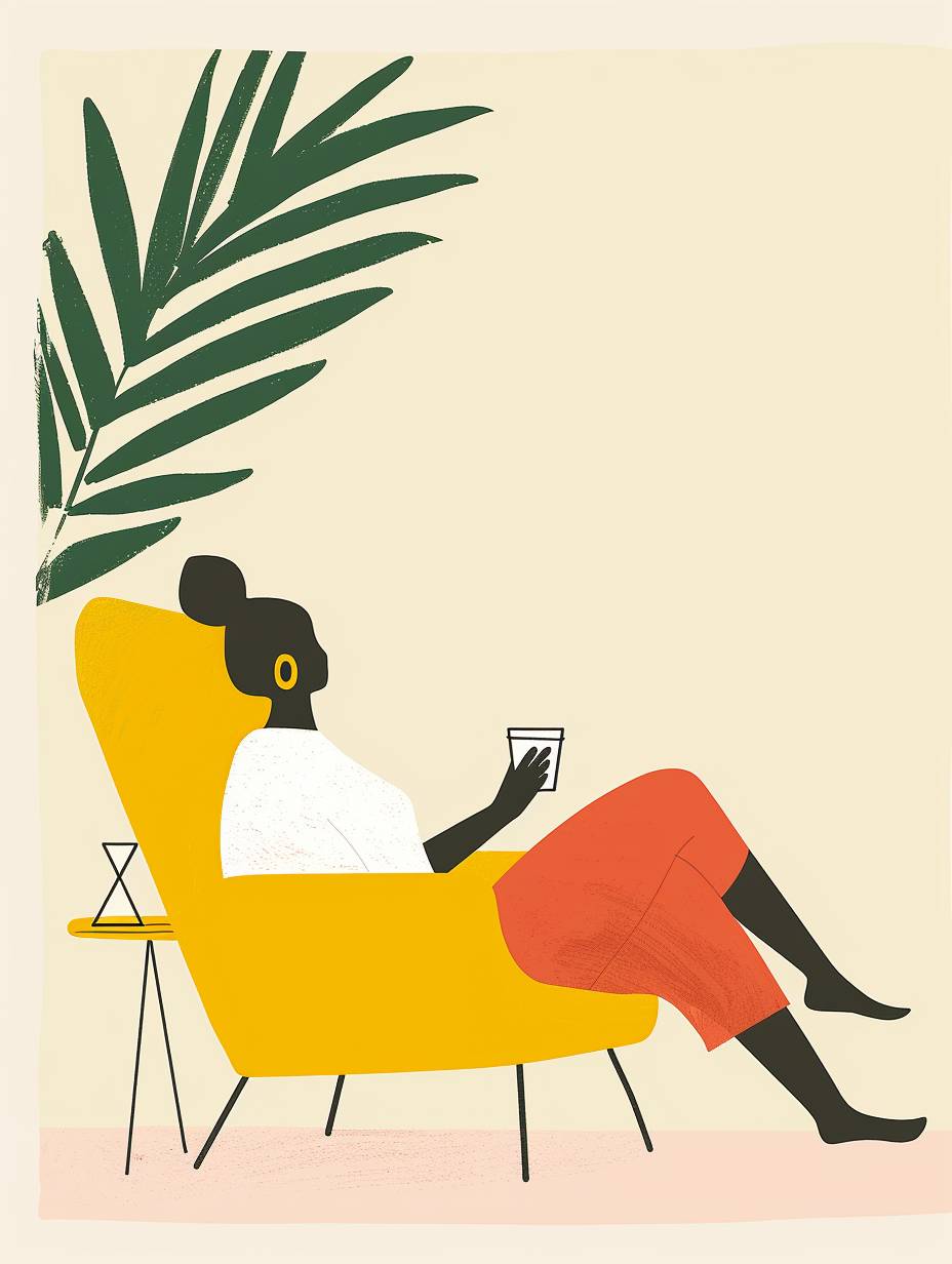 Greeting card with blank space. At the bottom of the card is an illustration of a 30-year-old woman sitting in an easy chair, with her feet on a pedestal, looking relaxed and peaceful. She is holding a cup of coffee. Beside her is a low side table with a glass hourglass on it. In the background, there is a hint of a beach.