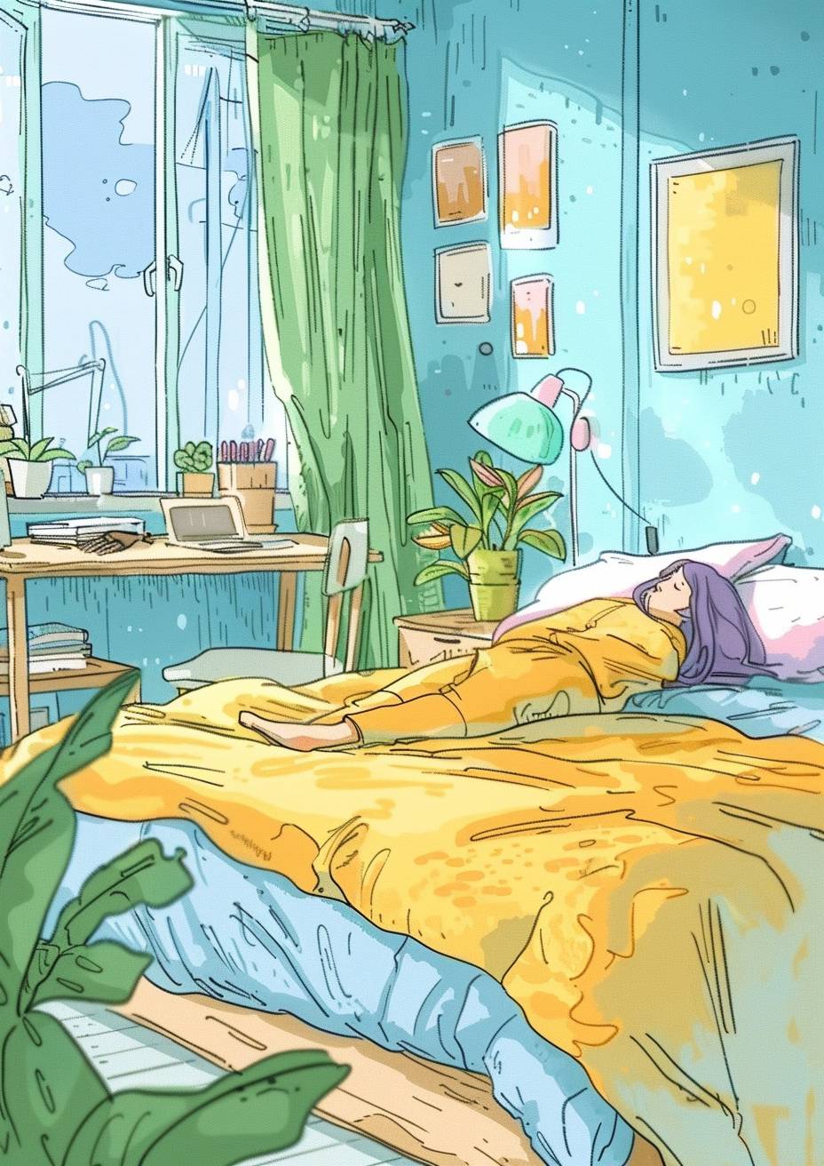 The girl is lying on the bed in a 2D-style bedroom. There is a bed, a mint green, lavender, and buttery yellow blanket, a window, a desk, a chair, and a baby blue color with children's doodle coloring sticker style, fresh and soothing.