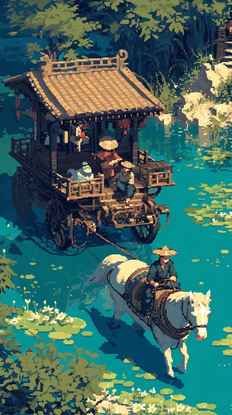 Ancient Chinese carriage, 4 horses pulling a wooden Chinese style two-wheeled carriage, in the style of futuristic sci-fi aesthetic, #pixelart, fairy kei, water scenes, animated gifs, oriental aesthetics, solid color background