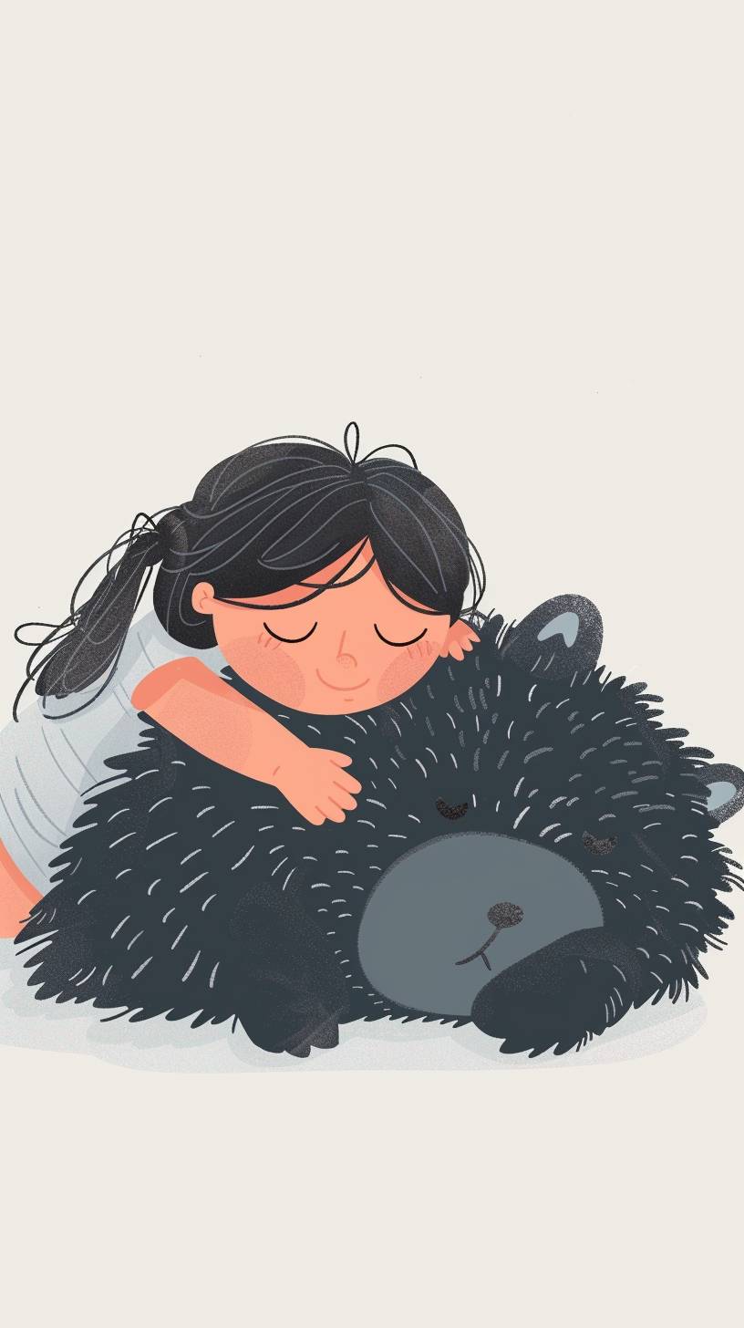 A cute little girl is lying on a fluffy monster, flat design, minimalist style