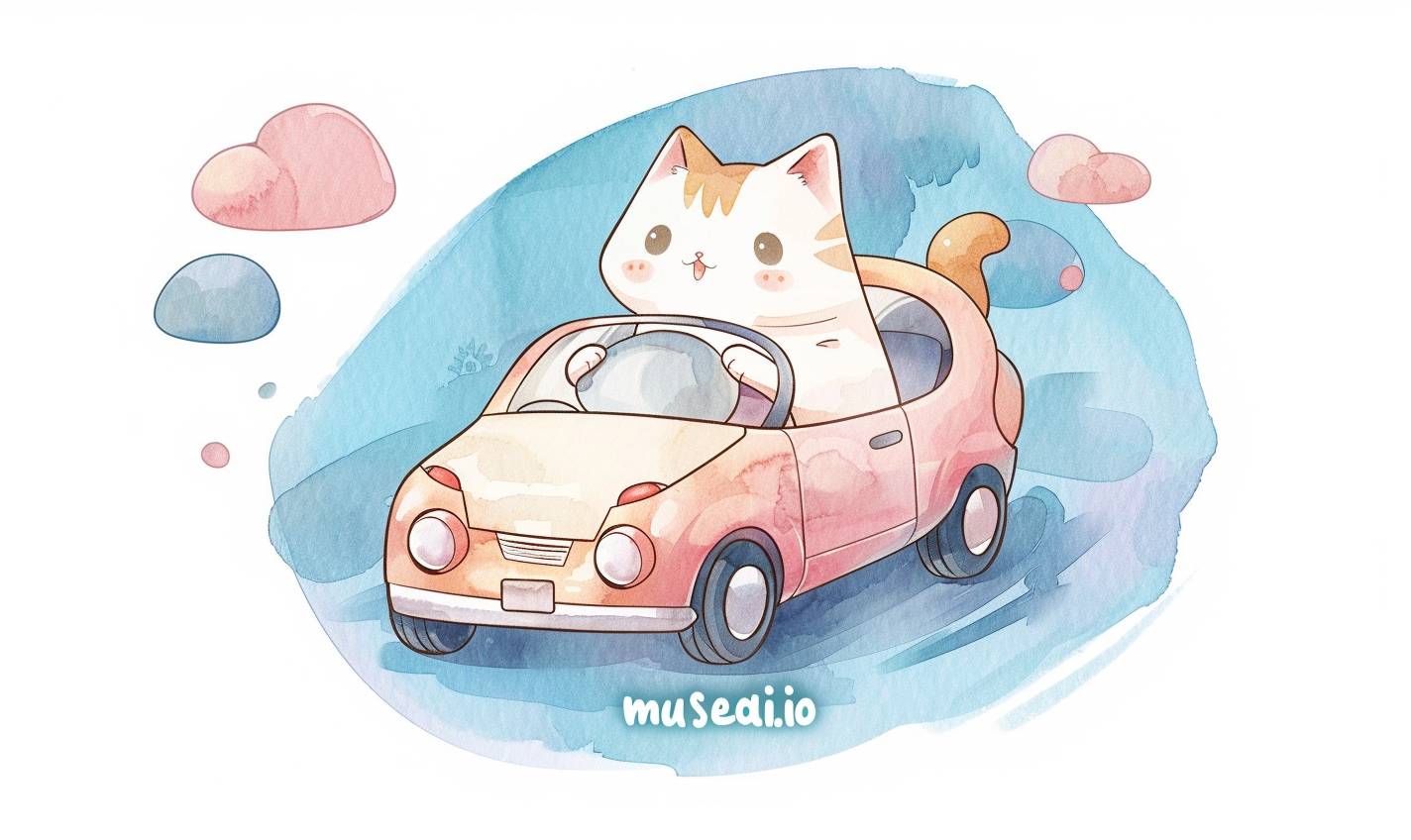 물감 스타일의 2D 평면 일러스트 티셔츠 디자인에서 귀여운 고양이가 작은 차 안에 있으며 “musesai.io”라는 텍스트가 쓰여 있습니다