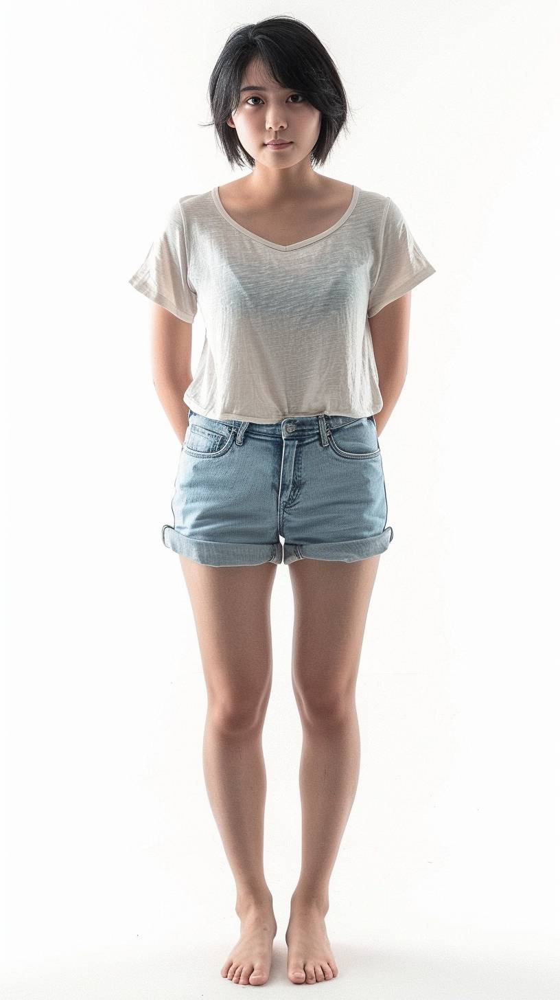 A cute 17-year-old girl with short black hair, wearing a t-shirt and denim shorts, full body including toes, against a white background