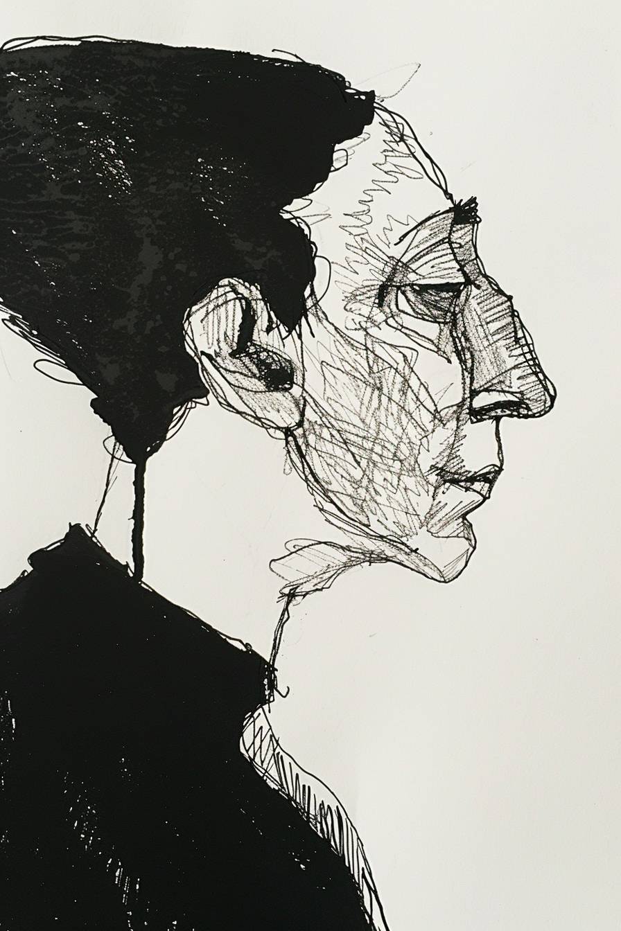 In the style of Milton Avery, character, ink art, side view