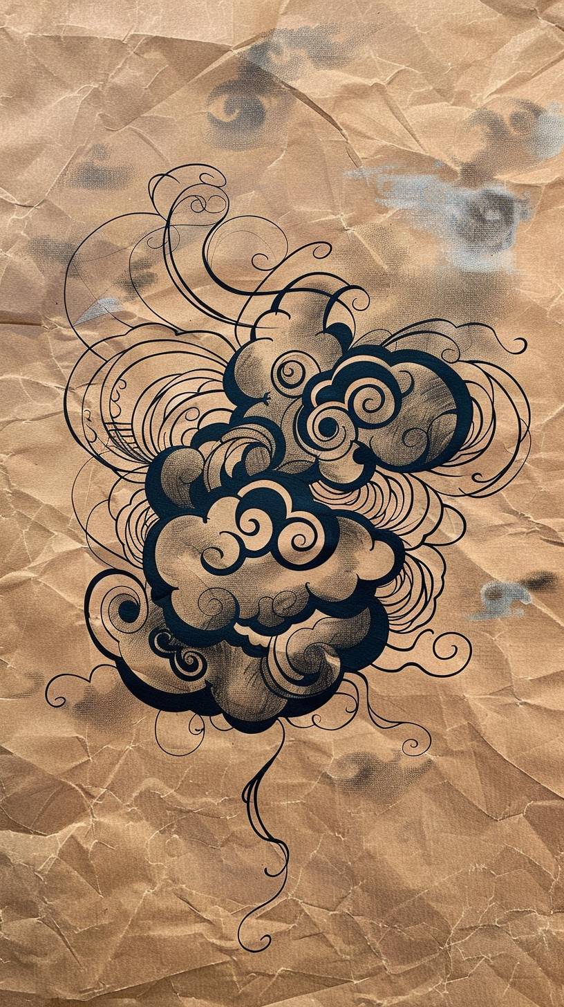 Blackwork cloud in new Japanese style on a brown paper texture