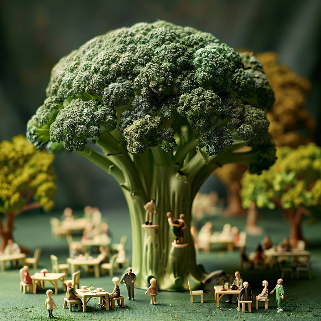 Body shot of broccoli as the main character in an ad campaign, surrounded by tiny people sitting at small tables, laughing together. The poster features a visually appealing design that incorporates miniature figures enjoying company under a large headpiece of vibrant green leafy vegetable.