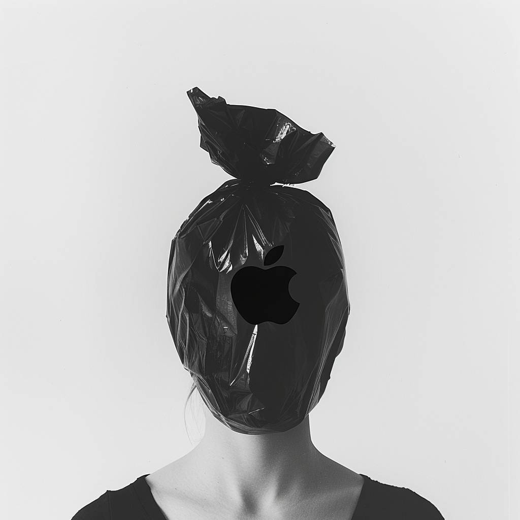 女性の頭の上に平らなプラスチック製のショッピングバッグが写っているトップダウン写真、バッグにはリンゴのロゴがあり、白黒のカラーパレット、純白の背景