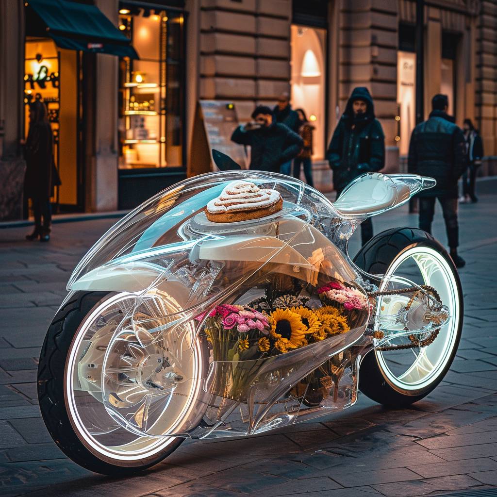A completely transparent motorcycle with metallic trim on the edges of the motorcycle and flowers and cakes inside, parked on the streets of Milan in the spring. The motorcycle has a light color scheme and the interior can be seen through a glass window. It is styled in a fashionable designer style that showcases exquisite detail and high definition photography. This photo was taken with a Canon EOS R5, featuring ultra-high resolution and sharp, clear colors.