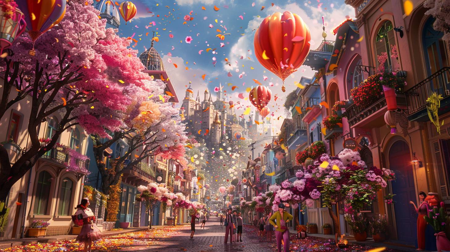 A whimsical cityscape where giant balloons release colorful confetti and melodious chimes each morning. People in vibrant clothes enjoy the streets, surrounded by blooming flowers and buildings painted with luminous, shifting hues responding to sunlight --style raw --ar 16:9 --v 6.0