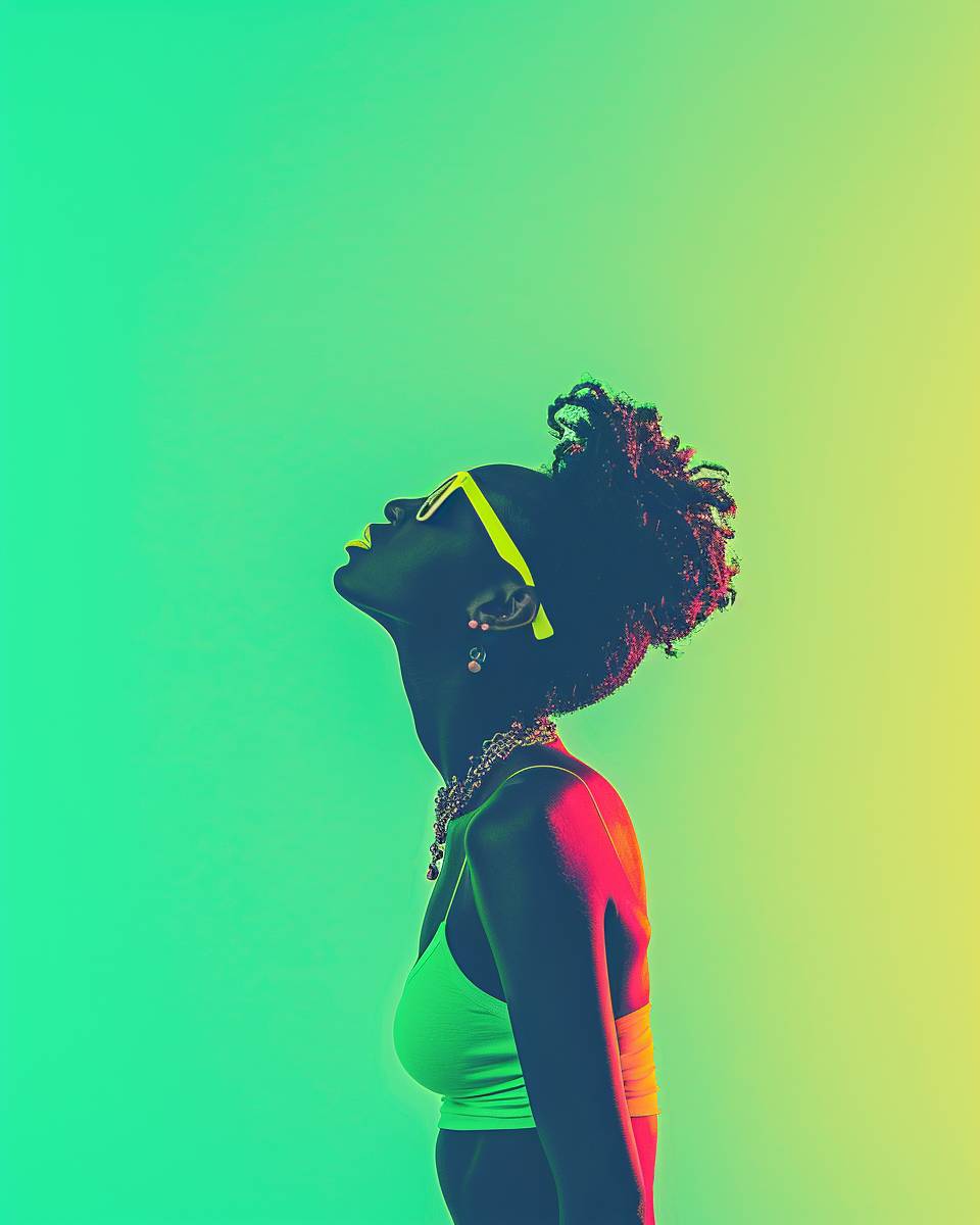 Neon Shadows: Dimmed lights, striking poses. Colorful silhouettes: Green and orange tones, fashion flair.