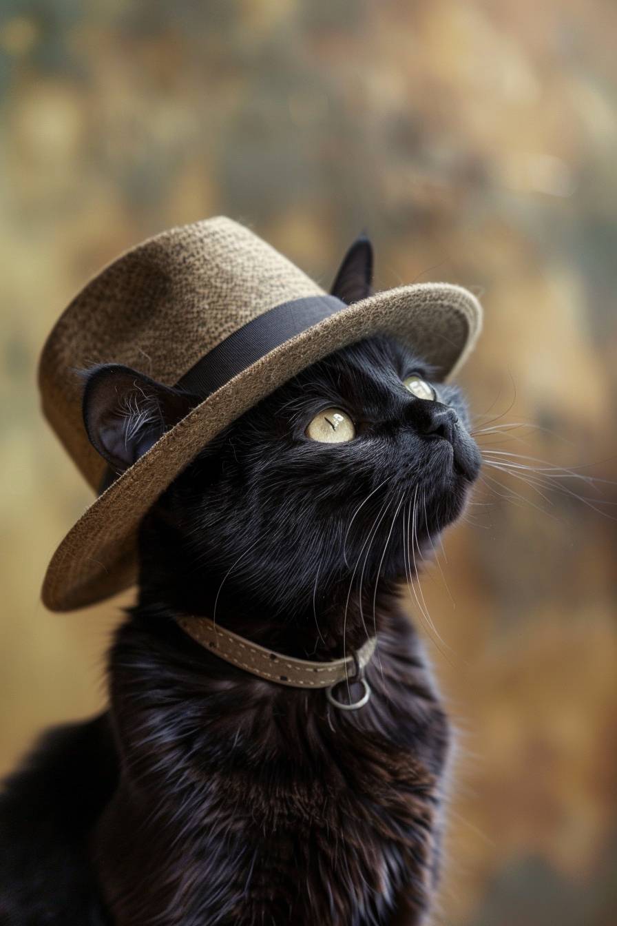 痩せた、短髪の、スリムな黒猫が、幅広の茶色のフェドラハットを誇らしげにかぶり、考古学者になる夢を見ている。柔らかいオリーブブラウンの質感のスタジオの背景。