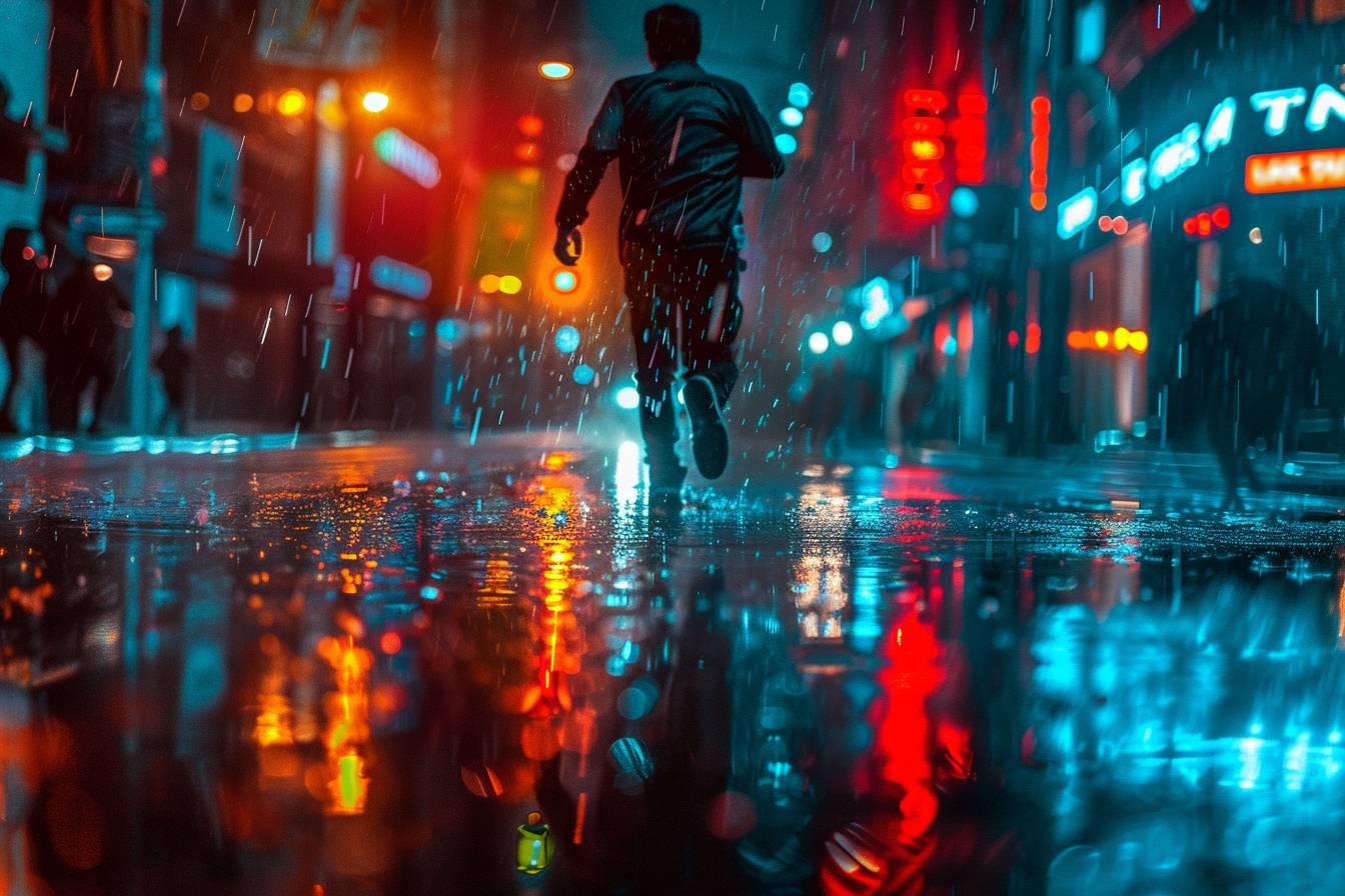 A man running through a rain-soaked city street at night, illuminated by neon lights reflecting off the wet pavement, with an intense expression of determination.