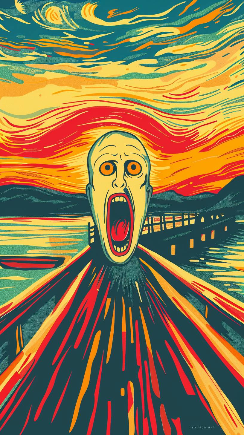 A drawing of The Scream in the style of Edvard Munch, but with an anime character's head in the place where its face would be. In front there is a wooden bridge over water and people walking along it. It’s sunset time. Bright yellow sky, blue sea, orange sunsets. In the style of Hayao Miyazaki.