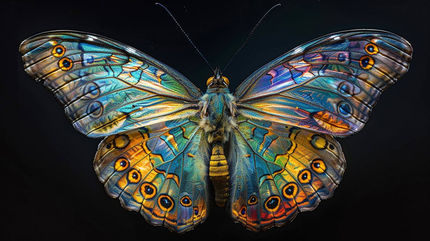 Under the magnification of a macro lens, a butterfly reveals an intricate tapestry of details, translucent wings, a kaleidoscope of colors shimmering with iridescence under varying light angles.