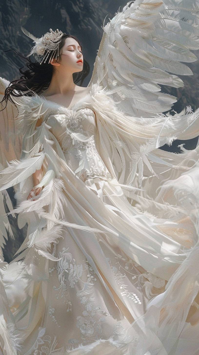 リアリズム ブルータリズム ミニマリズム、背景に翼を広げた白いウェディングドレスを身につけた中国人女性。ふわふわと羽ばたく翼が、輝かしく夢のようなシーンを演出している。