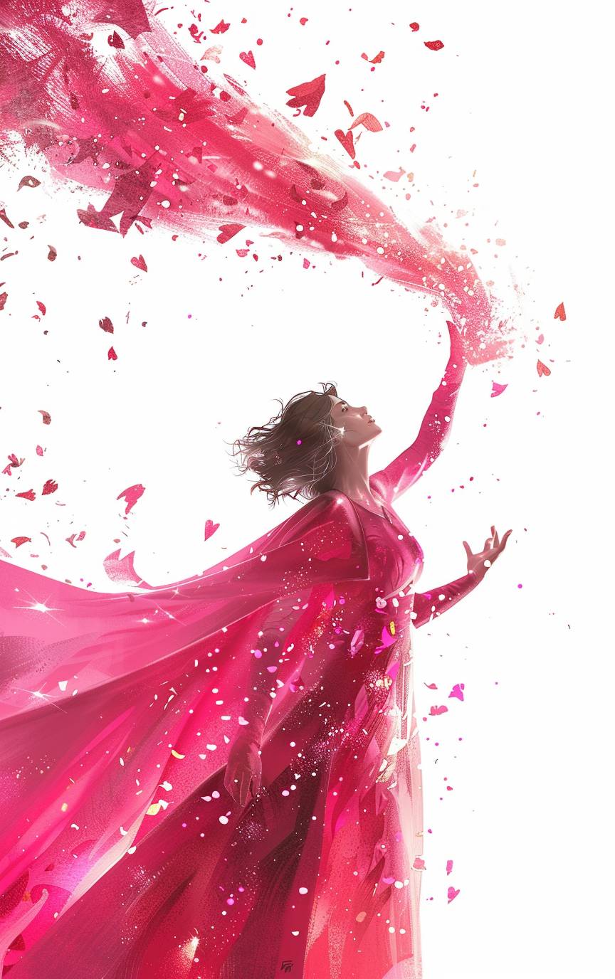 A semi-realistic illustration of a woman releasing a pink superhero cape half-disintegrated into embers, 100% white background