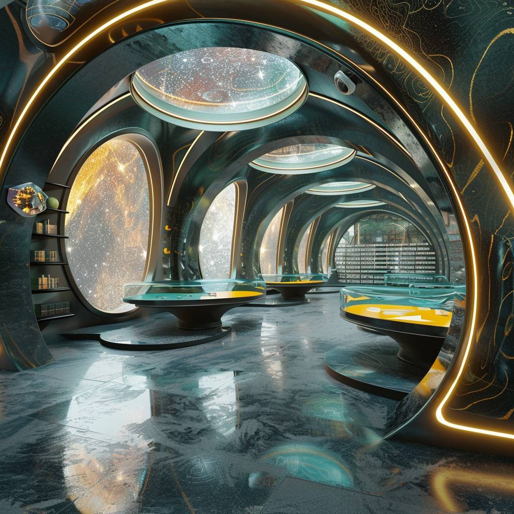 Design an exhibition hall with the theme of reading, including a reading room and several booths, in a science fiction style using circular elements.
