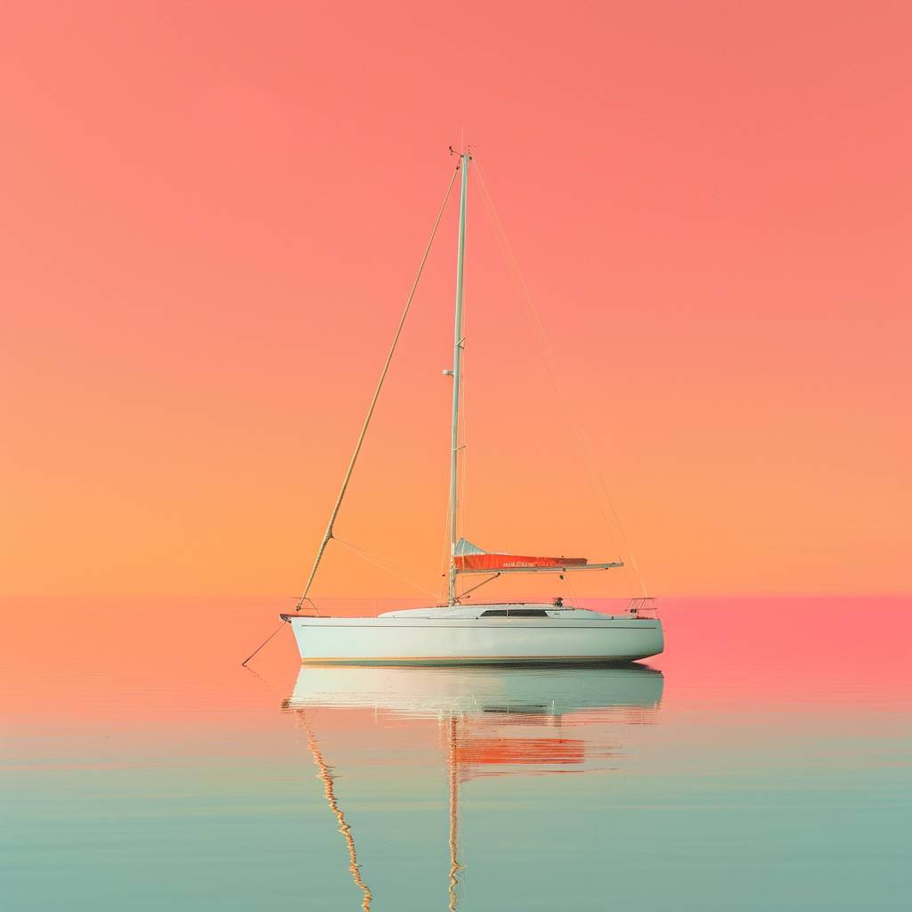Solarized photography of a yacht in the style of Moebius, minimalism, fantasy, abstract, chromo colors