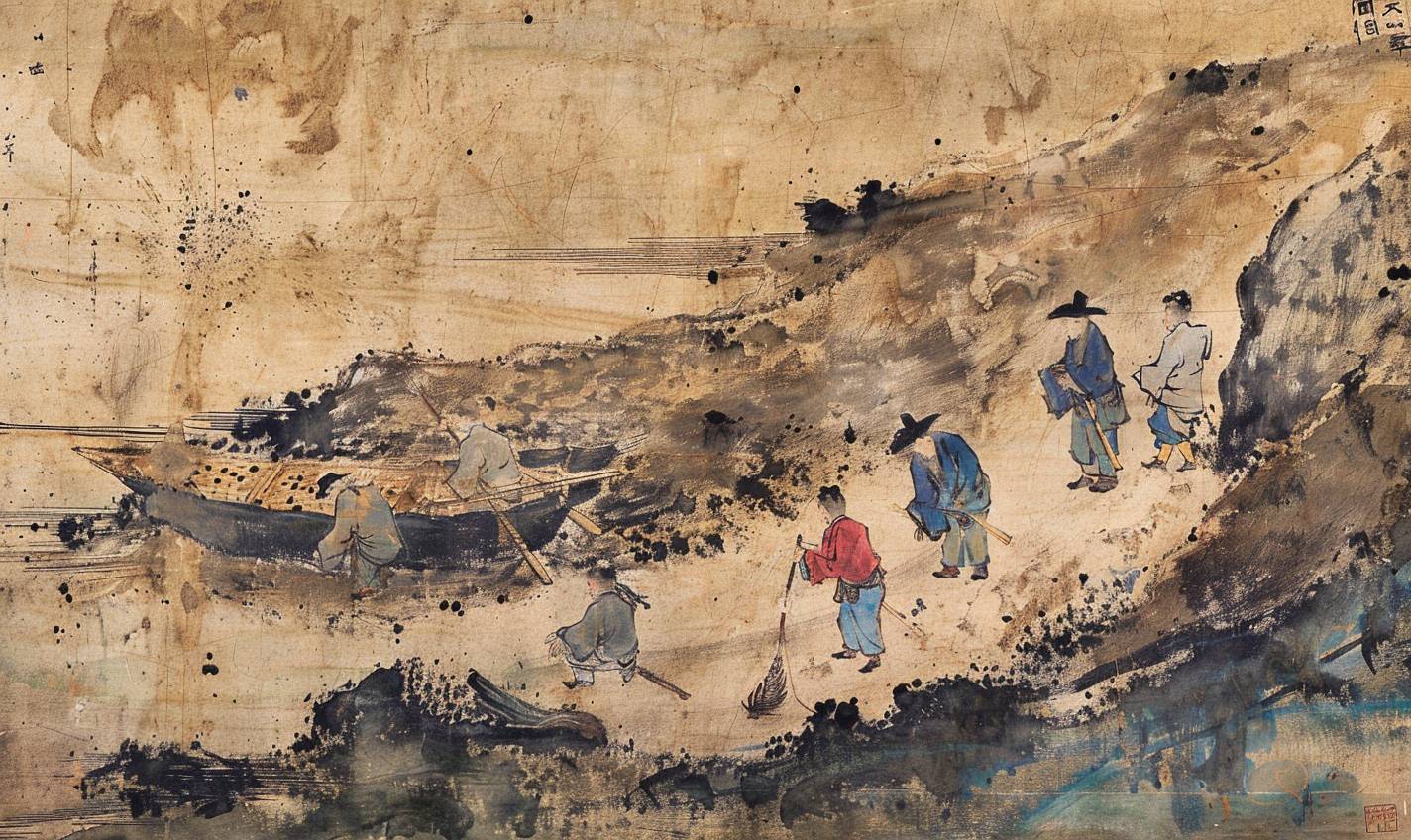 In the style of Qi Baishi, a pirate crew burying treasure on a deserted island