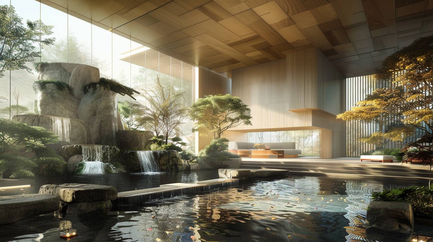 Large interior designed by Kengo Kuma, harmoniously blending natural elements and modern design, an eco-friendly structure featuring pools and falling water.