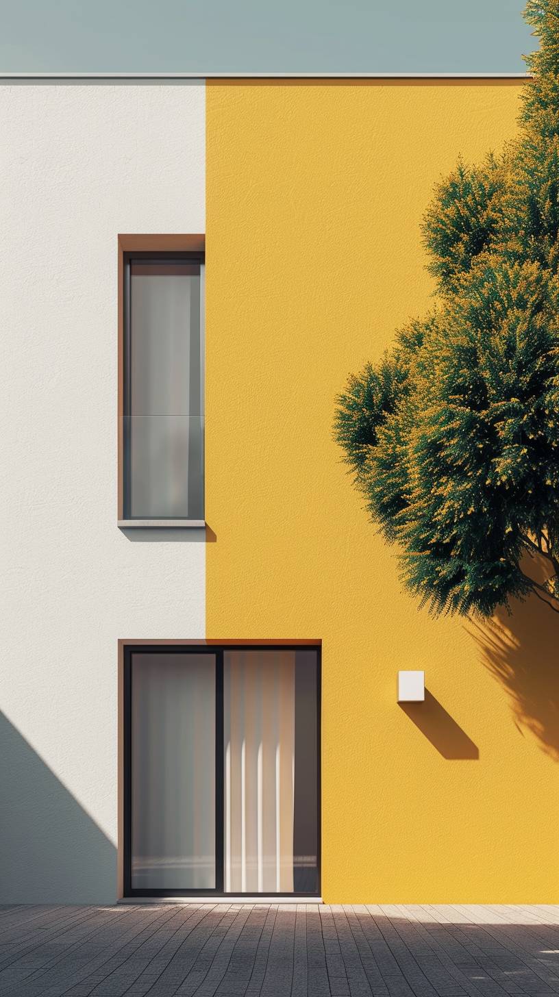 建築写真、現実的で正面からの近代的な家屋、黄色い壁、壁に光が当たっている、晴れた日、極端なクローズアップショット、ミニマリズム。