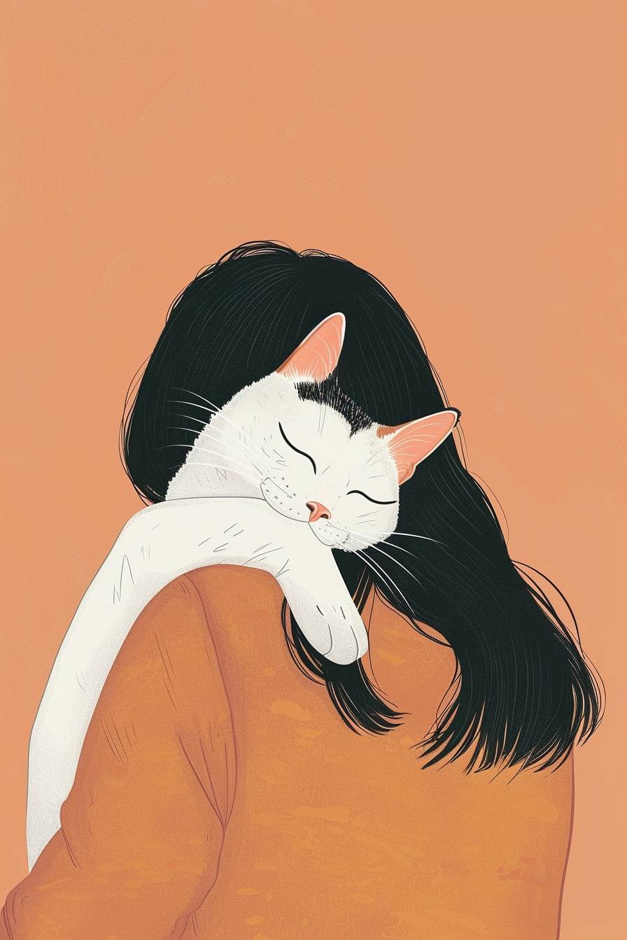 A cute illustration of a Korean shorthair cat hugging a person with its whole body, the cat's face is visible and the person's back, warm butter-colored background, let's use it as a book cover. Try using colors that give a warm feeling.