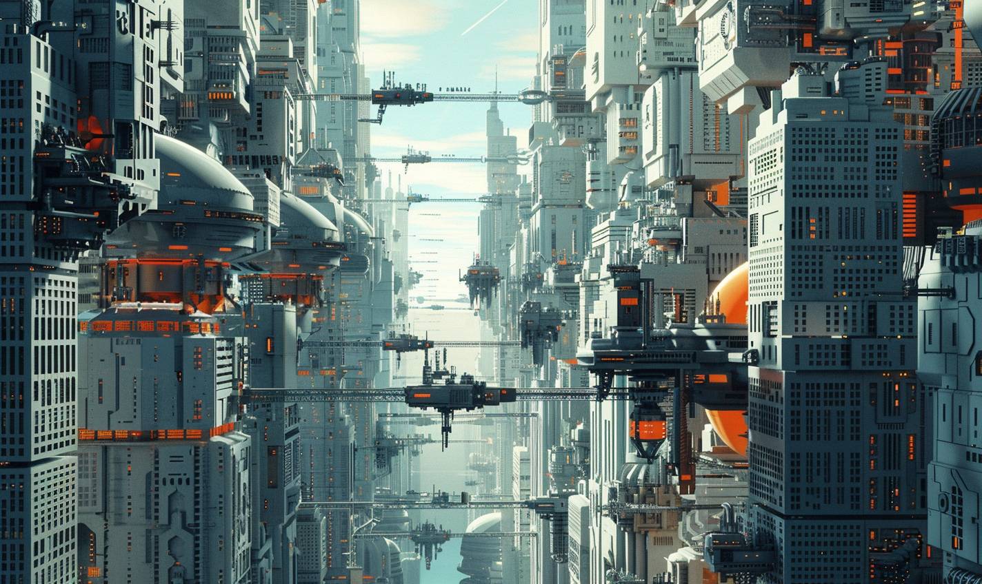 In the style of El Lissitzky, a cybernetic cityscape teeming with artificial life