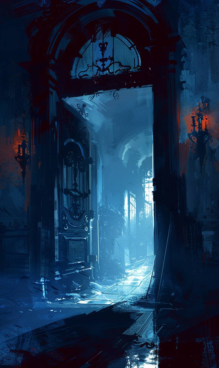 In the style of sparth, a haunted mansion with creaking doors and shadows