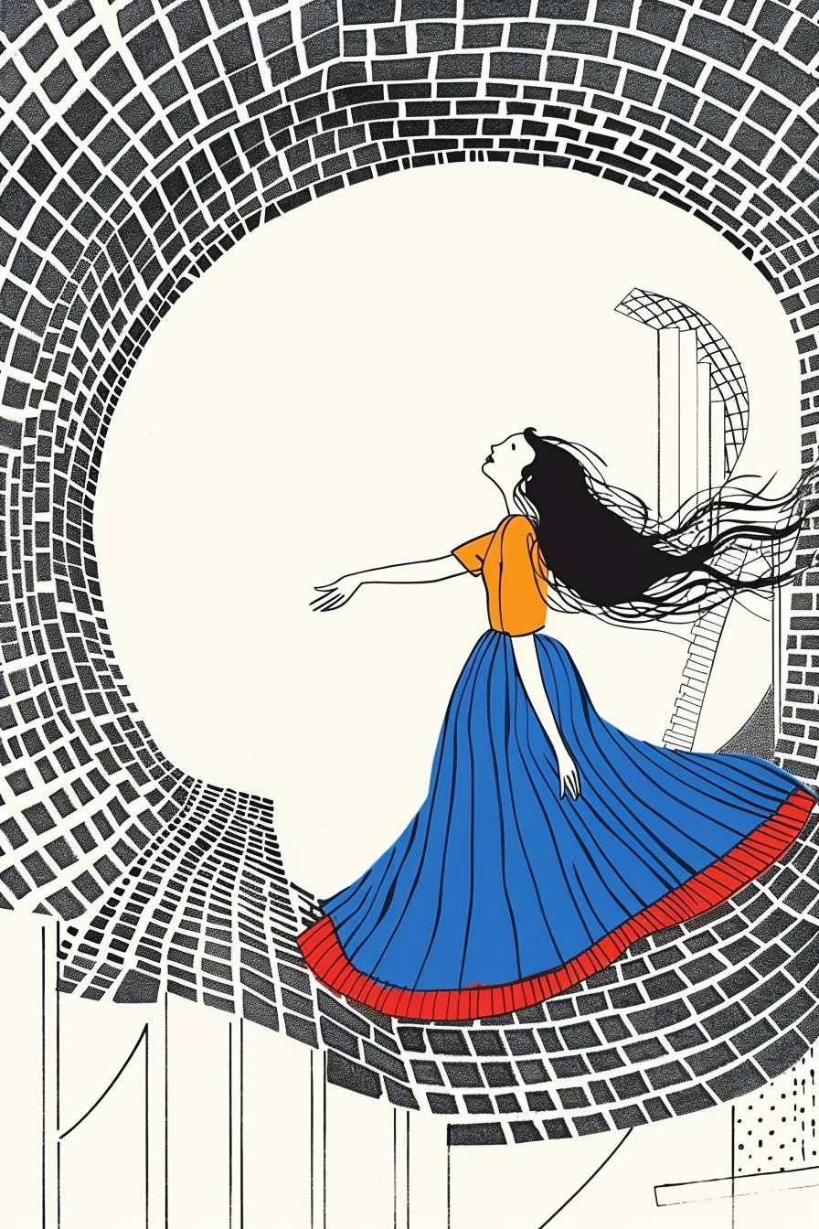 A drawing of a woman flying in a circular tunnel