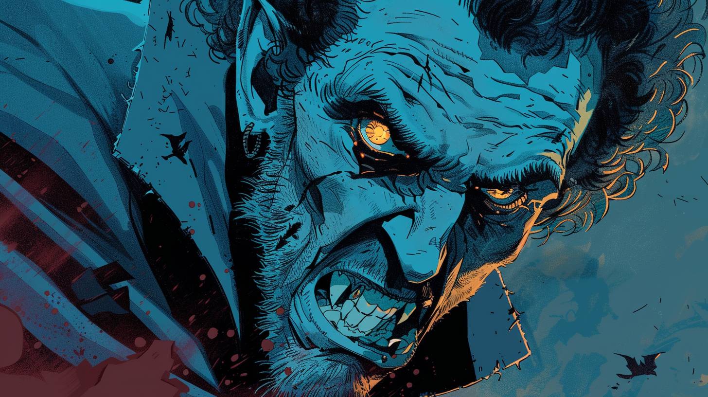 Close up of a vampire [creature] | fangs showing | Machinepunk | modern flat SVG Moebius pulp comic art | low saturation cyan and garnet colors