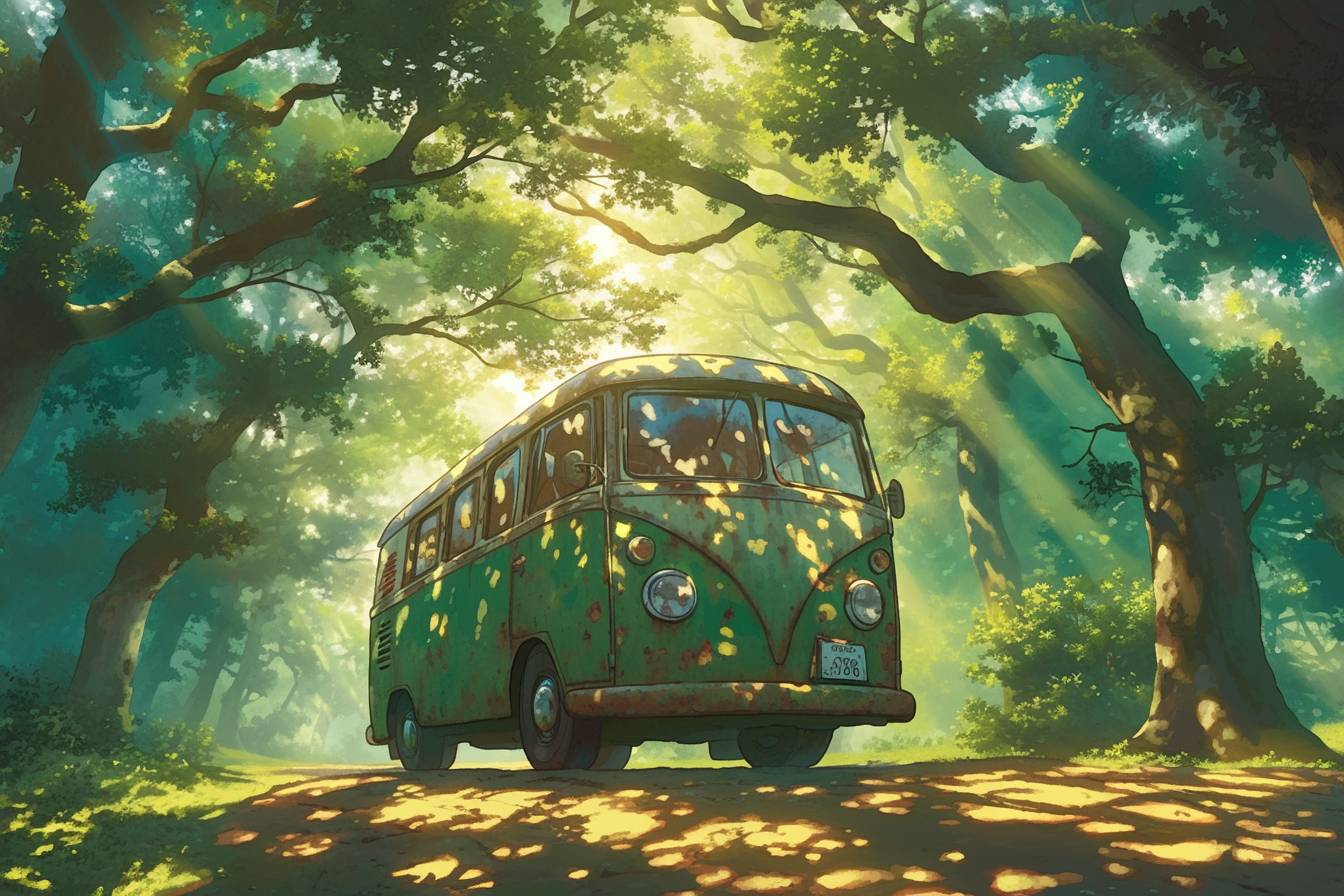 名作、最高品質、猫バス、森の木々を通り抜ける光、宮崎駿のスタジオジブリ風