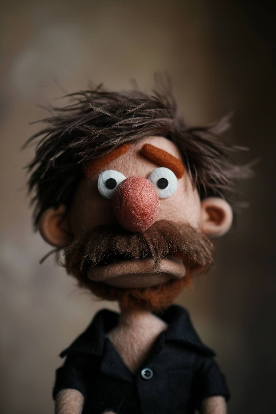 As a muppet by Jim Henson muppet style, brown hair, short brown beard, hazel eyes, dressed in a black polo, made of felt and fabric, solid and out of focus wall background.