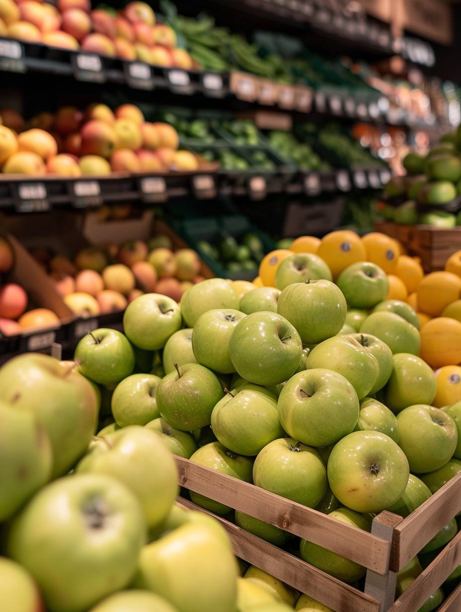 A pile of green apples with black labels on them, stacked in the center and placed next to each other on wooden shelves at fruit bars or grocery stores. The background features various types of red apple trees and boxes filled with different fruits such as oranges, pears, etc., creating an atmosphere full of fresh energy. This photo was taken using a Canon EOS R5 camera and is presented in ultrahigh definition with a resolution of 80 megapixels. The style of this photo is in the style of minimal editing of the original text.