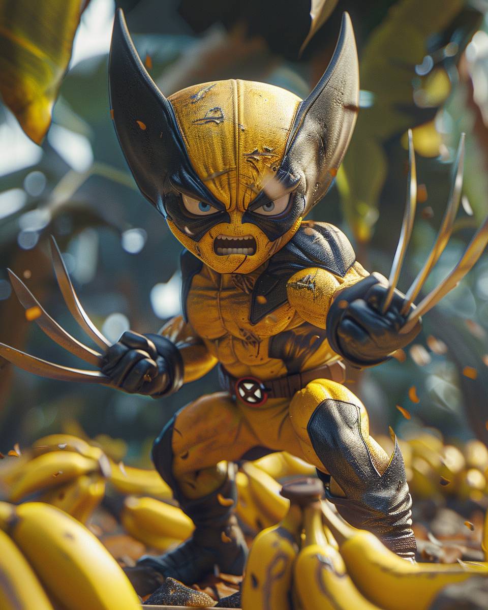 3D graphic of Peely with Wolverine claws, Fortnite style art, post-apocalyptic banana farm scene, amazing details, angry pose, roaring, symmetrical