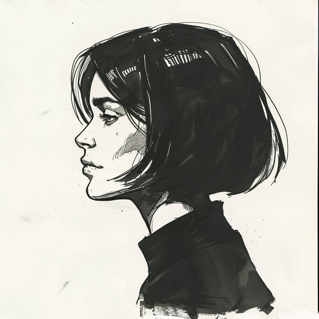 Comic portrait drawing of a [SUBJECT], stoic, bob haircut, side view, monochromatic [COLOR] and [COLOR], minimalistic simple shapes liquid ink art