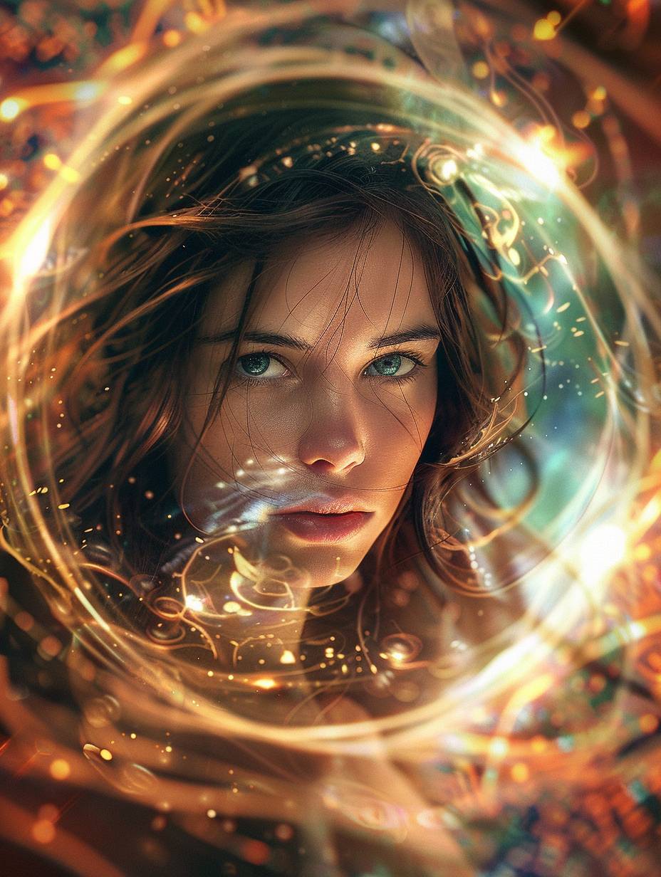 A beautiful girl with brown hair is surrounded by an energy spiral, in the style of fantasy, in a fantasy world, with magic light effects, in the digital art style, hyperrealistic, high resolution, very detailed, vibrant colors, a colorful background, a dynamic pose, sharp focus, in the style of portrait photography, a symmetrical composition, a magical atmosphere.