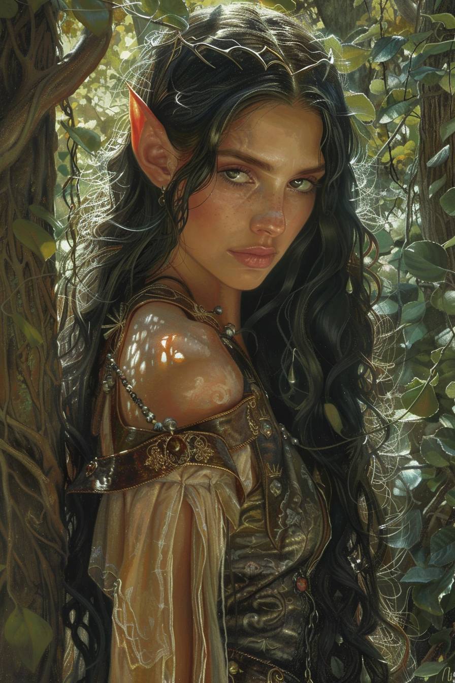 Female elf, looking at viewer, flowing clothes and silver armor, in the silent forest, mysterious fantasy art, Donato Giancola, Craig Mullins, Parth, masterful strokes, legendary