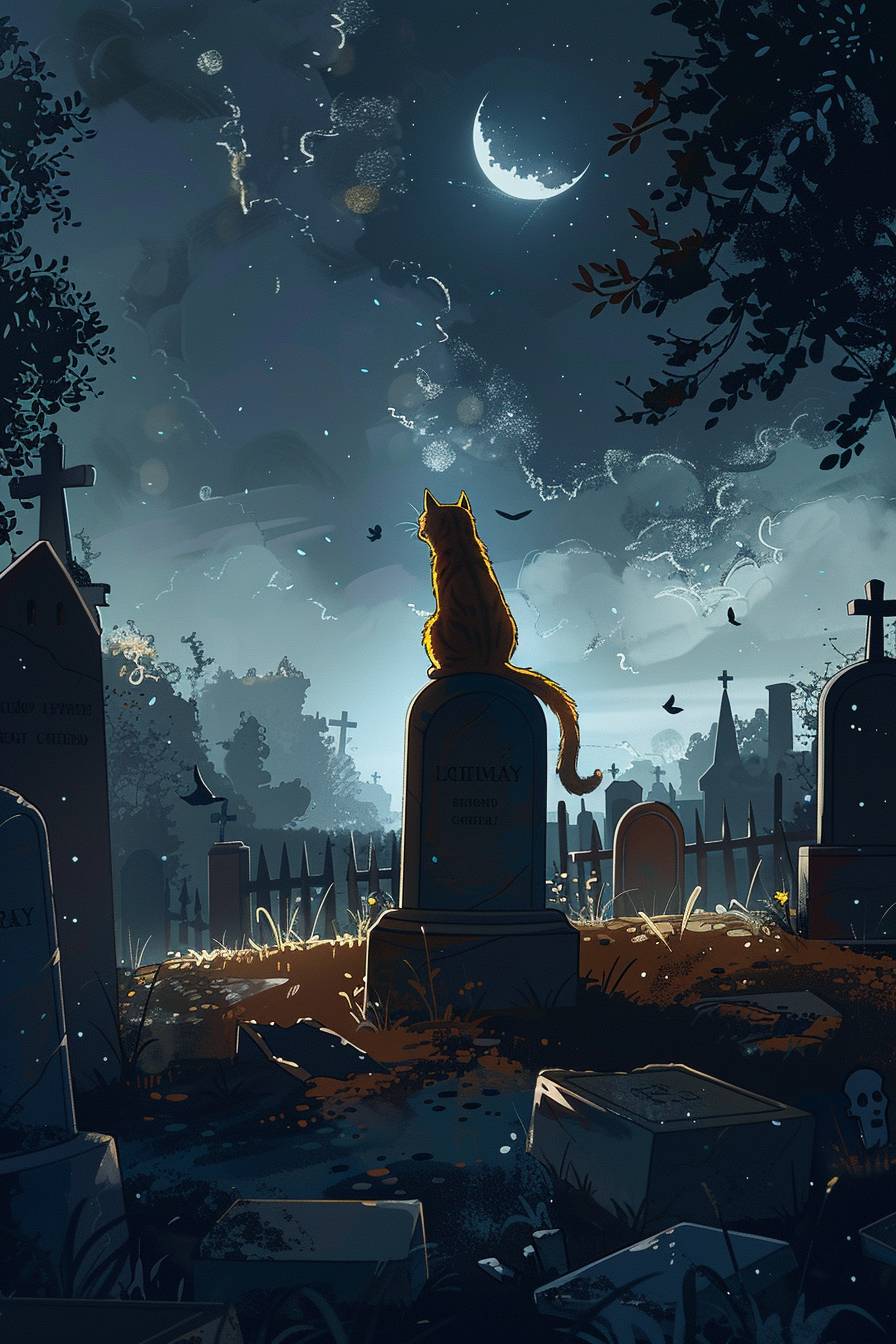 Cartoon, cat sitting on a grave in a graveyard at night --ar 2:3 --v 6.0